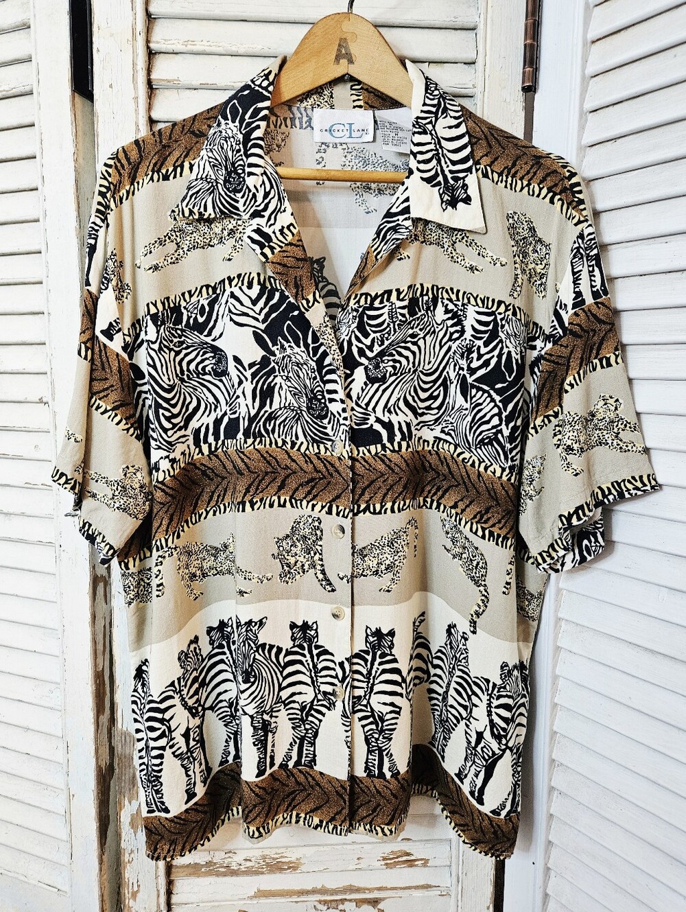 Vintage 90s Safari Print Short Sleeve Rayon Blouse Zebras & Leopards Medium